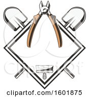 Clipart Of A Diamond Frame With Pliers Scraper And Crossed Shovels Royalty Free Vector Illustration