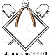 Clipart Of A Diamond Frame With Pliers And Crossed Shovels Royalty Free Vector Illustration