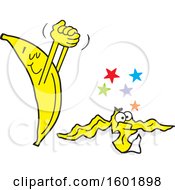 Clipart Of A Cartoon Victorious Banana Over A Knocked Out Peel Royalty Free Vector Illustration