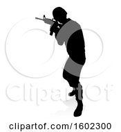 Clipart Of A Silhouetted Male Armed Soldier With A Reflection Or Shadow On A White Background Royalty Free Vector Illustration
