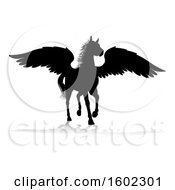 Clipart Of A Black Silhouetted Pegasus Horse With A Reflection Or Shadow On A White Background Royalty Free Vector Illustration