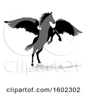 Clipart Of A Black Silhouetted Pegasus Horse With A Reflection Or Shadow On A White Background Royalty Free Vector Illustration