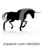Clipart Of A Black Silhouetted Unicorn Horse With A Reflection Or Shadow On A White Background Royalty Free Vector Illustration