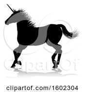 Poster, Art Print Of Black Silhouetted Unicorn Horse With A Reflection Or Shadow On A White Background