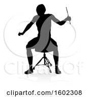 Clipart Of A Silhouetted Male Drummer With A Reflection Or Shadow On A White Background Royalty Free Vector Illustration