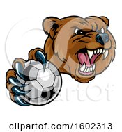 Poster, Art Print Of Mad Grizzly Bear Mascot Holding Out A Soccer Ball In A Clawed Paw