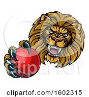 Poster, Art Print Of Tough Lion Monster Mascot Holding Out A Cricket Ball In One Clawed Paw