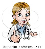 Poster, Art Print Of Cartoon Friendly White Female Doctor Holding A Thumb Up Over A Sign