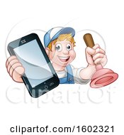 Poster, Art Print Of Happy White Male Plumber Holding A Plunger And Cell Phone Over A Sign