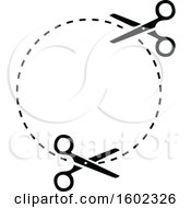 Clipart Of A Black And White Circle With Scissors And Cut Lines Royalty Free Vector Illustration by dero