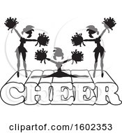 Poster, Art Print Of Silhouetted Cheerleaders In Black And White Jumping And Doing The Splits On Cheer Text