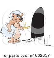 Cartoon Bear With A Candle And Pillow Ready For Hibernation At His Cave Entrance