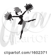 Clipart Of A Silhouetted Grayscale Jumping Cheerleader Over The Word Cheer Royalty Free Vector Illustration
