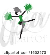 Clipart Of A Silhouetted Jumping Cheerleader In Green Over The Word Cheer Royalty Free Vector Illustration by Johnny Sajem