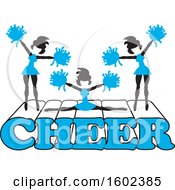 Poster, Art Print Of Silhouetted Cheerleaders In Blue Jumping And Doing The Splits On Cheer Text