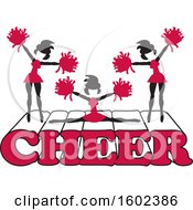 Poster, Art Print Of Silhouetted Cheerleaders In Cardinal Red Jumping And Doing The Splits On Cheer Text