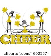 Poster, Art Print Of Silhouetted Cheerleaders In Gold Jumping And Doing The Splits On Cheer Text