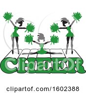 Poster, Art Print Of Silhouetted Cheerleaders In Green Jumping And Doing The Splits On Cheer Text