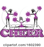 Poster, Art Print Of Silhouetted Cheerleaders In Purple Jumping And Doing The Splits On Cheer Text