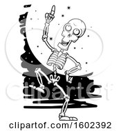 Clipart Of A Cartoon Black And White Dancing Skeleton Against A Full Moon Royalty Free Vector Illustration