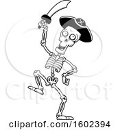 Clipart Of A Cartoon Black And White Dancing Pirate Skeleton Holding A Sword Royalty Free Vector Illustration