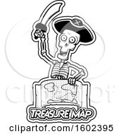 Poster, Art Print Of Cartoon Black And White Pirate Skeleton Holding A Sword Over A Treasure Map