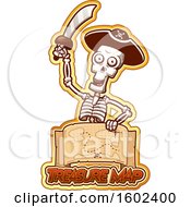 Poster, Art Print Of Cartoon Pirate Skeleton Holding A Sword Over A Treasure Map