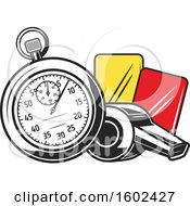 Clipart Of A Stop Watch Whistle And Soccer Cards Royalty Free Vector Illustration