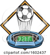 Clipart Of A Soccer Ball And Stadium Over A Diamond Royalty Free Vector Illustration