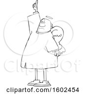 Clipart Of A Cartoon Lineart Black Male Angel Pointing Up Royalty Free Vector Illustration