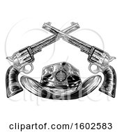 Clipart Of A Black And White Cowboy Sheriff Hat With Crossed Guns Royalty Free Vector Illustration