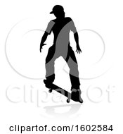 Poster, Art Print Of Silhouetted Male Skateboarder With A Reflection Or Shadow On A White Background