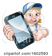 Clipart Of A White Female Worker Holding A Cell Phone Over A Sign Royalty Free Vector Illustration
