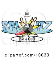 Black Bowling Ball Hitting Pins On A Splits Bar And Grill Sign Clipart Illustration