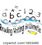 Clipart Of A Blue Wave With Faces Of Happy Children Math Symbols Numbers Letters And Reading Writing Arithmetic Text Royalty Free Vector Illustration by Johnny Sajem