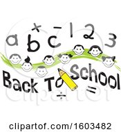 Poster, Art Print Of Green Wave With Faces Of Happy Children With Numbers And Letters Over Back To School Text