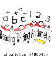 Clipart Of A Red Wave With Faces Of Happy Children Math Symbols Numbers Letters And Reading Writing Arithmetic Text Royalty Free Vector Illustration