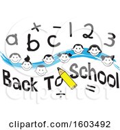 Poster, Art Print Of Blue Wave With Faces Of Happy Children With Numbers And Letters Over Back To School Text