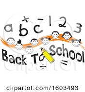 Poster, Art Print Of Orange Wave With Faces Of Happy Children With Numbers And Letters Over Back To School Text