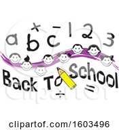 Poster, Art Print Of Purple Wave With Faces Of Happy Children With Numbers And Letters Over Back To School Text