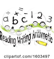Clipart Of A Green Wave With Faces Of Happy Children Math Symbols Numbers Letters And Reading Writing Arithmetic Text Royalty Free Vector Illustration