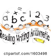 Clipart Of An Orange Wave With Faces Of Happy Children Math Symbols Numbers Letters And Reading Writing Arithmetic Text Royalty Free Vector Illustration