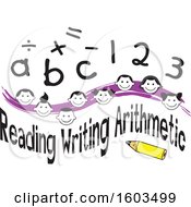 Poster, Art Print Of Purple Wave With Faces Of Happy Children Math Symbols Numbers Letters And Reading Writing Arithmetic Text