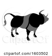 Poster, Art Print Of Silhouetted Bull With A Reflection Or Shadow On A White Background