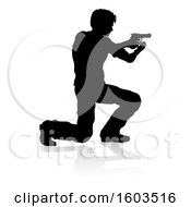 Clipart Of A Silhouetted Actor Or Shooter With A Reflection Or Shadow On A White Background Royalty Free Vector Illustration