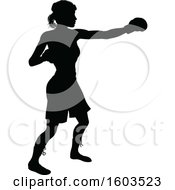 Clipart Of A Black Silhouetted Female Boxer Fighter Wearing Safety Head Gear Royalty Free Vector Illustration