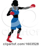 Poster, Art Print Of Black Silhouetted Female Boxer Fighter In A Blue Uniform With Red Shoes And Gloves