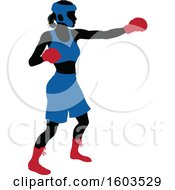 Clipart Of A Black Silhouetted Female Boxer Fighter In A Blue Uniform With Red Shoes And Gloves Royalty Free Vector Illustration