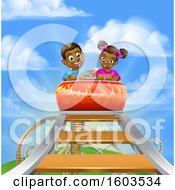 Clipart Of A Happy Black Boy And Girl At The Top Of A Roller Coaster Ride Against A Blue Sky With Clouds Royalty Free Vector Illustration by AtStockIllustration