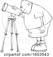 Clipart Of A Cartoon Lineart Black Male Astronomer Looking Through A Telescope Royalty Free Vector Illustration